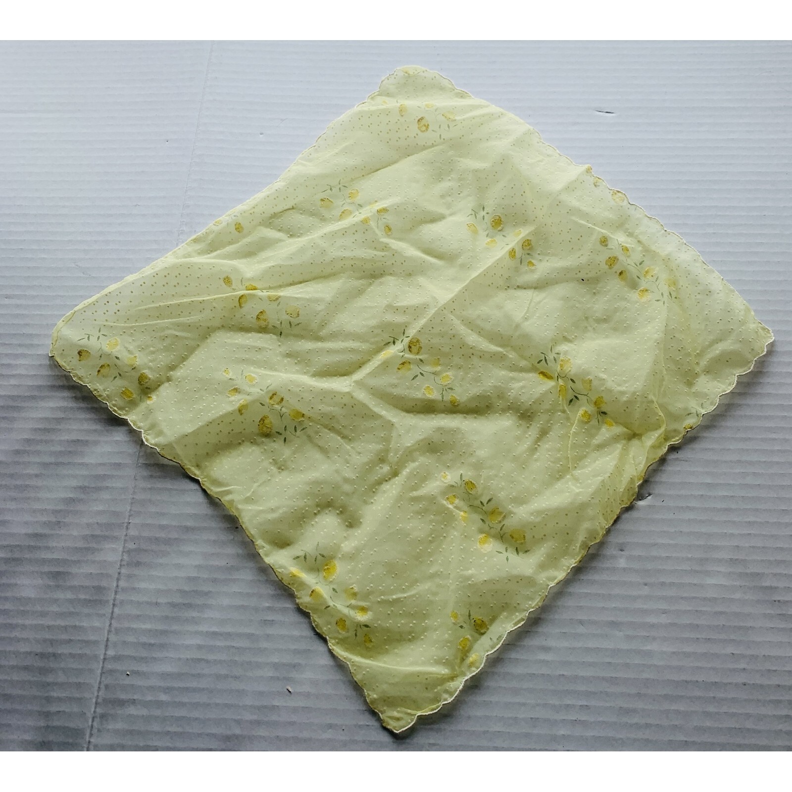Lovely Vintage Handkerchief Lemon Yellow Dotted Swiss Flocked Flowers Scalloped